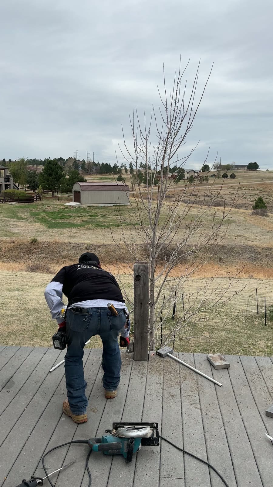 A Golden Stain crew member removing the old deck railing during demolition